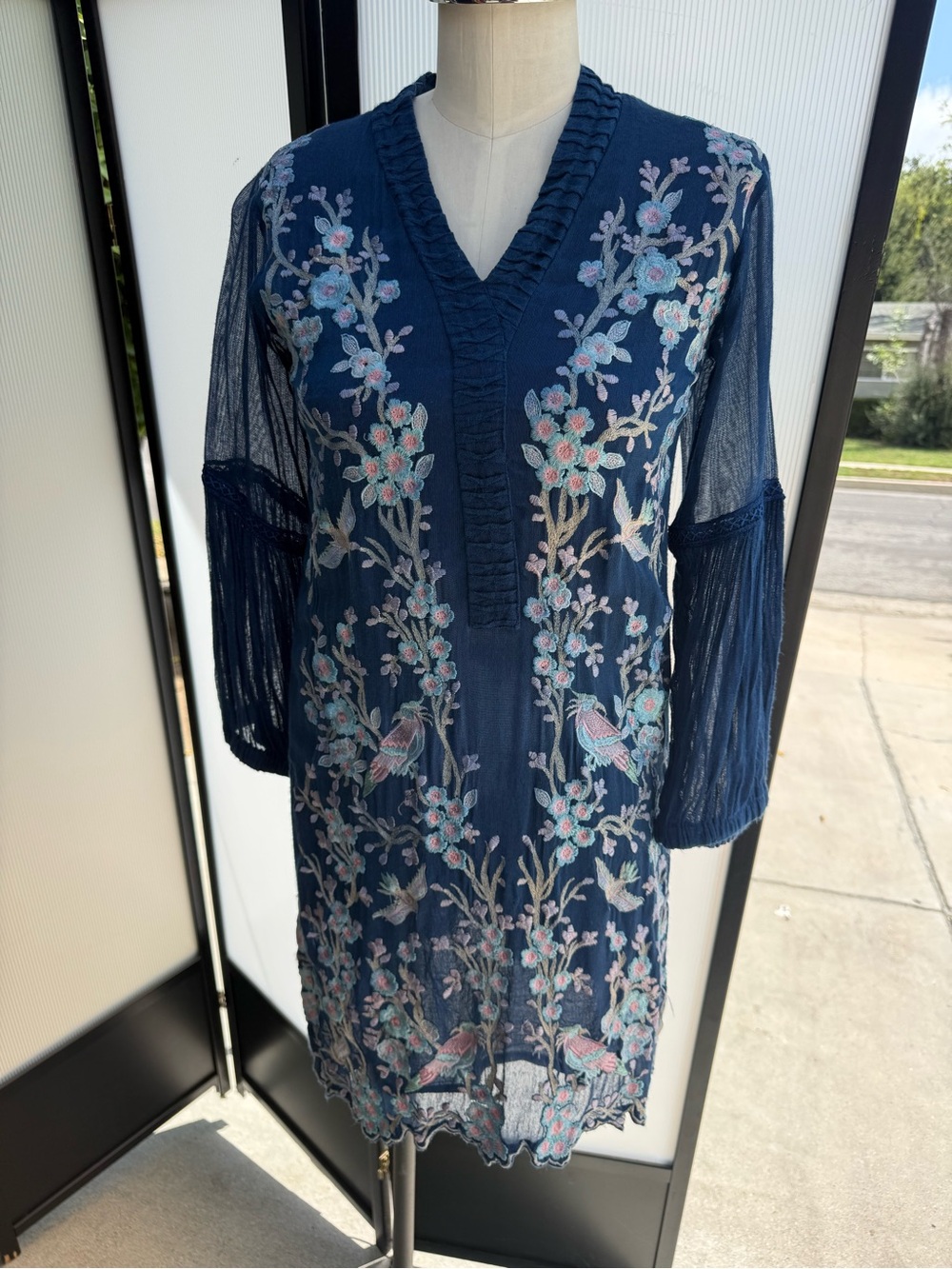 Navy Embroidered Floral V-Neck Tunic